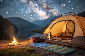 A cozy camping setup features a bright yellow tent by a peaceful lake under a starlit sky. A campfire crackles nearby, illuminating the area while sleeping bags lie on the ground, inviting relaxation 