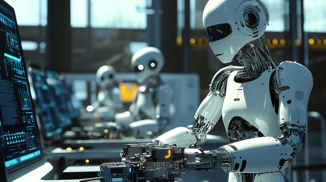 Roboty przemysłowe w futurystycznym środowisku montażowym, sprawnie składające elementy na linii produkcyjnej.