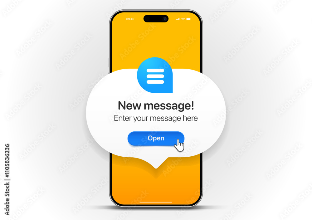 Aufkleber new message notification concept on realistic smartphone mockup. new email pop up. incoming, open me