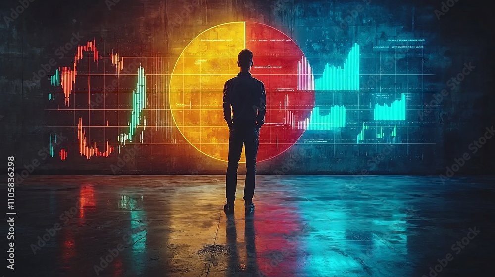 Poster futuristic business analyst adjusting pie chart data to forecast budgets and reduce costs
