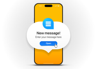 New message notification concept on realistic smartphone mockup. New email pop up. Incoming, open messaging. Chatting, mail, post, letter symbol, sign, emblem with new notification for UI UX website