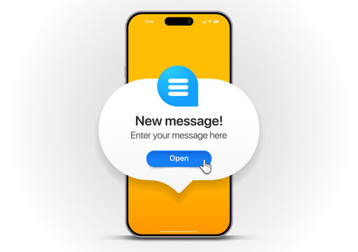 New message notification concept on realistic smartphone mockup. New email pop up. Incoming, open messaging. Chatting, mail, post, letter symbol, sign, emblem with new notification for UI UX website