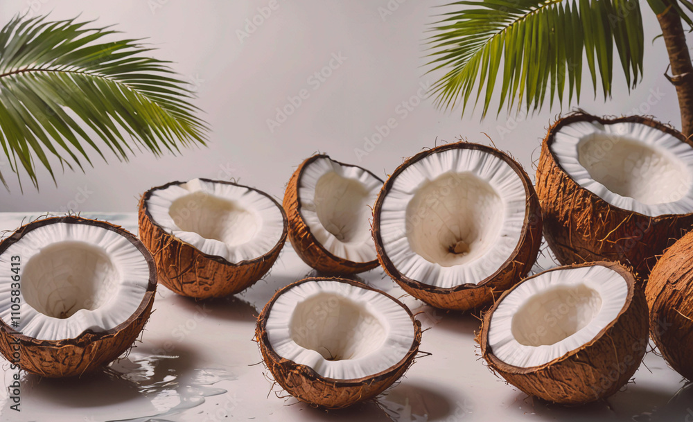 Poster bunch of coconuts with the tops cut off. the coconuts are on a white table