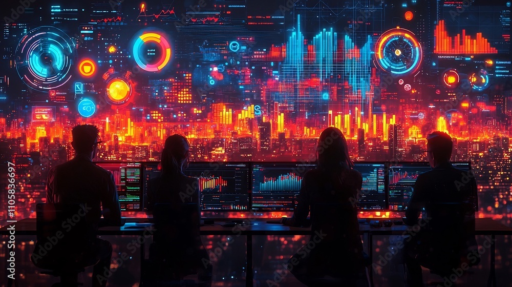 Poster futuristic virtual conference of global analysts collaborating through real time data visualizations
