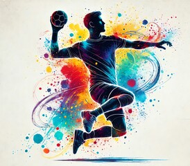 A dynamic, abstract watercolor illustration of a handball player