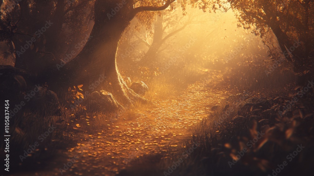 Poster serene autumn path through a sunlit forest with warm light filtering through misty trees and a carpe