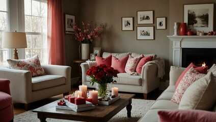 Cozy living room decorated for Valentine's Day.