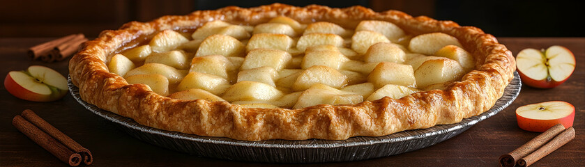 Delicious apple pie with cinnamon sticks and sliced apples.