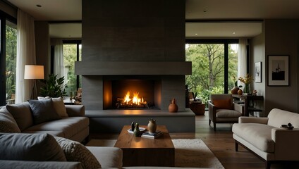 Fototapeta premium Cozy living room with a fireplace as the focal point.