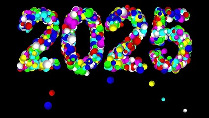 Beautiful illustration of 2025 with colorful spheres on plain black background