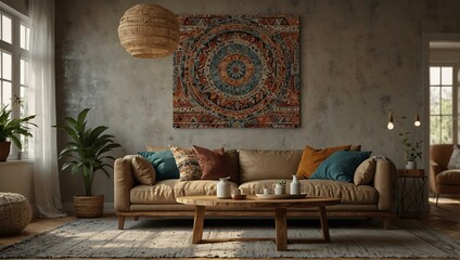 Cozy living room with boho decor and large canvas mockup.