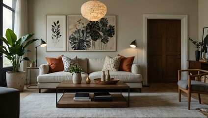 Fototapeta premium Cozy living room with decorative artwork, comfortable seating, and plants.