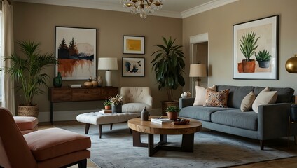 Cozy living room with decorative artwork, comfortable seating, and plants.