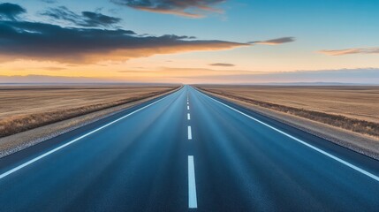 A realistic asphalt highway with bright white lane dividers, stretching far into the distance. without people