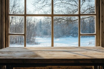 Fototapeta premium Rustic Wooden Table Winter Landscape View