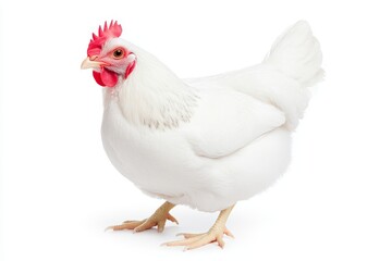Fototapeta premium A white chicken with red comb and feet