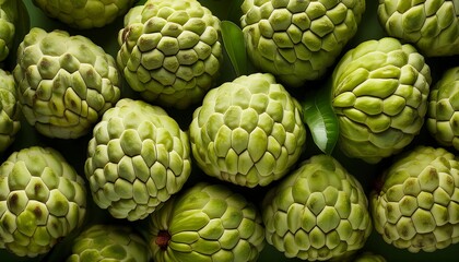 Fototapeta premium Flat Lay Top View of Bright Ripe Fragrant Green Custard apple Fruit as Background