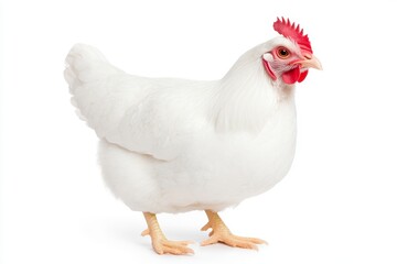A white chicken with a red comb stands on a white background
