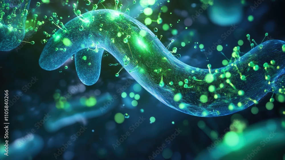 Poster a glowing high-tech medical interface with green and blue light particles swirling dynamically over 