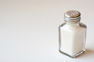 Glass salt shaker on white surface, minimalist.