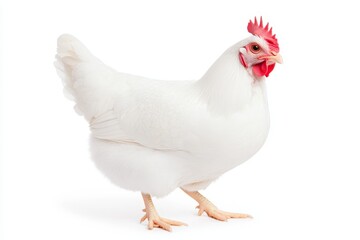 Fototapeta premium A white chicken with red comb and feet stands on a white background