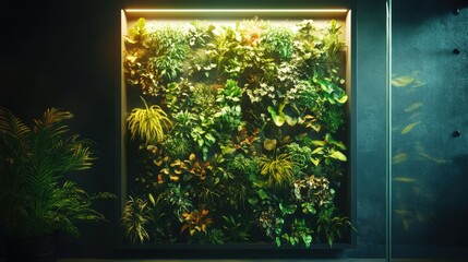 A futuristic vertical garden with lush plants illuminated by LED grow lights