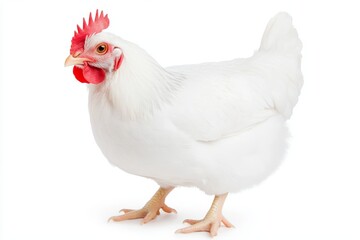 Fototapeta premium A white chicken with red comb and ear standing on a white background