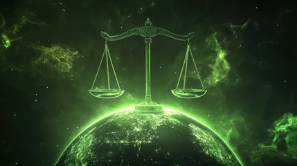 A symbolic image of justice scales atop a globe, surrounded by glowing green hues, emphasizing themes of international justice