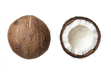Two coconuts, one whole and one cut in half