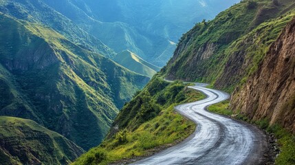 Fototapeta premium A narrow, curving asphalt road with faint cracks and faded lane dividers, set against a simple color backdrop. without people, one color background