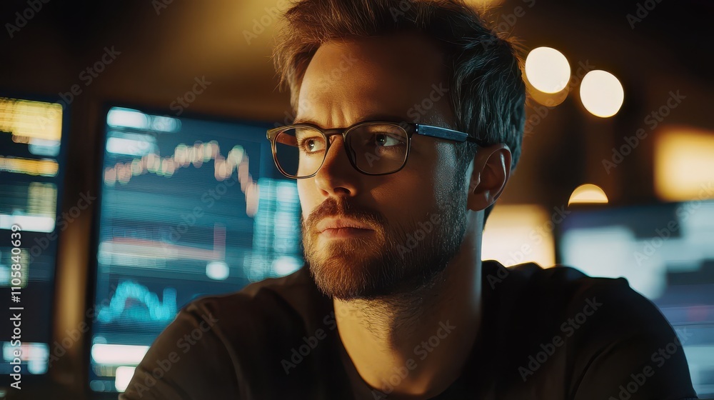Poster thoughtful young professional analyzing financial data on computer screens in a modern office settin