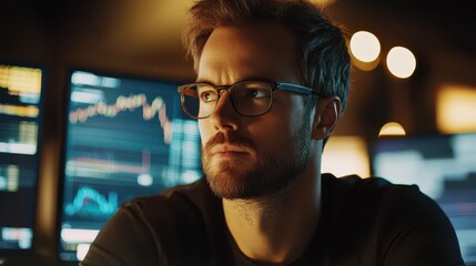 Thoughtful young professional analyzing financial data on computer screens in a modern office setting, showcasing data visualization and investment analysis concepts