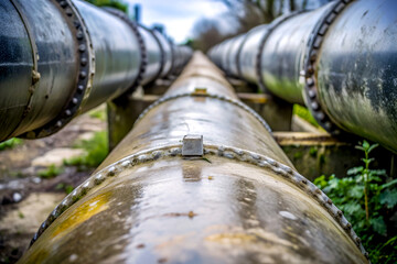 Industrial pipeline with rust and bolts in focus
