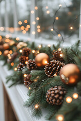 Festive garland with pine cones, ornaments, and fairy lights on a windowsill.