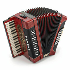 A classic accordion featuring red and black detailing, delivering rich,