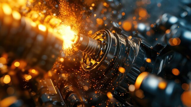 A close-up action shot of a spark plug igniting combustion inside a powerful engine, surrounded by intense fiery energy and mechanical motion