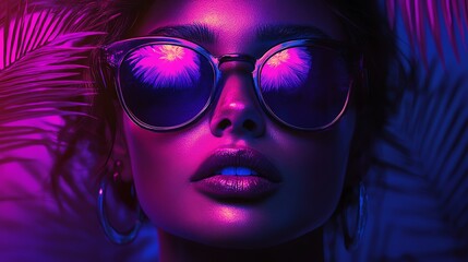 Neonlit woman in sunglasses at a party, vibrant hues of purple and blue under palm tree silhouettes