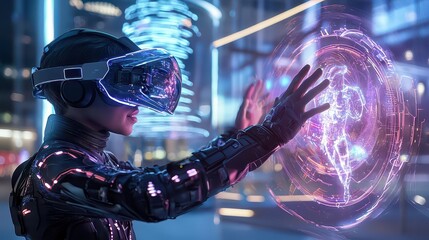 Futuristic Metaverse Woman in VR Headset Interacting with Hologram