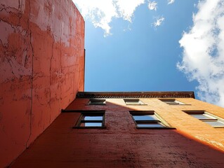 Low-angle view of a vibrant orange building against a bright blue sky with wispy clouds, capturing urban architecture and geometric forms.