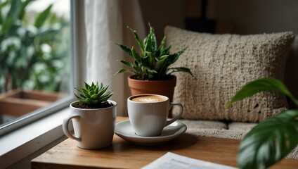 Cozy morning with coffee and plants indoors.