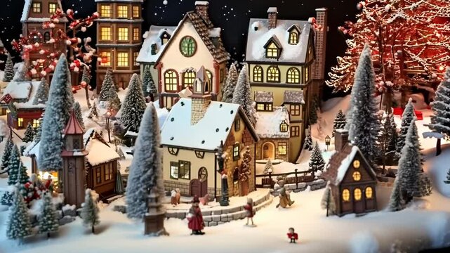 Miniature Street at Christmas. X-mas in the tiny model of old town. Toy city with houses and trees