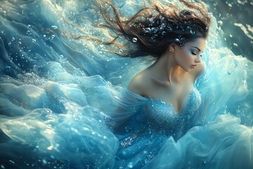 Regal ocean goddess with flowing hair, shimmering gown, and ethereal underwater glow