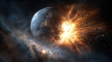 Fototapeta premium Cosmic Collision Planet Destruction Asteroid Impact Space Debris Nebula