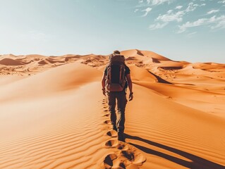 Man walking across vast desert dunes under blue sky, leaving footprints behind. Adventure, solitude, and exploration in nature's beauty.