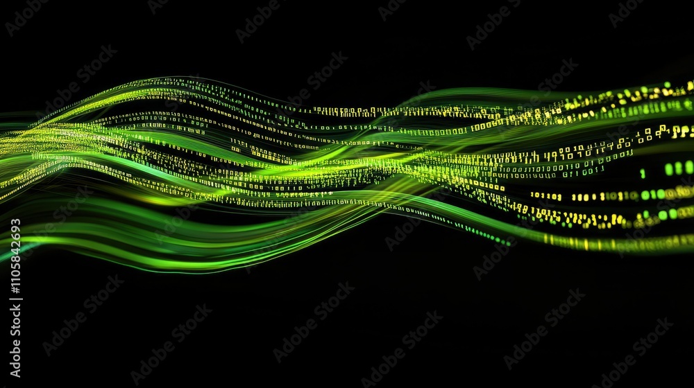 Poster a futuristic digital stream of green and yellow binary numbers in motion, representing technology an