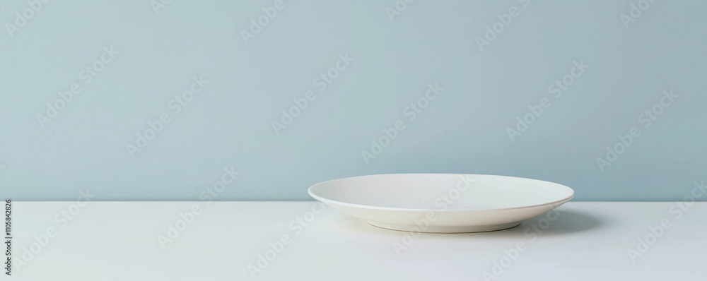 Poster minimalist white plate on a light surface with a soft blue background, capturing simplicity and eleg
