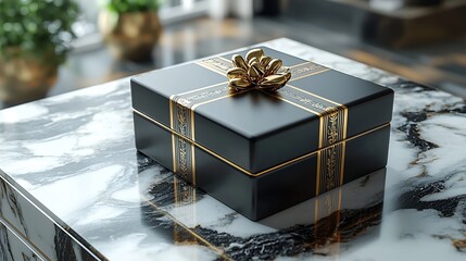 Luxurious Black and Gold Parcel Box on Polished Marble Surface