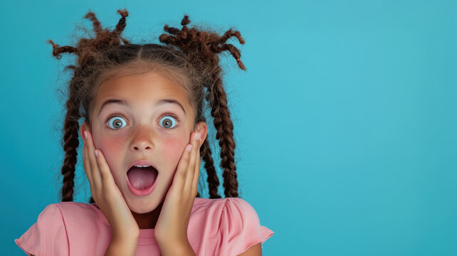 fillette avec des tresses qui a les mains sur les joues, &eacute;tonn&eacute;e et surprise