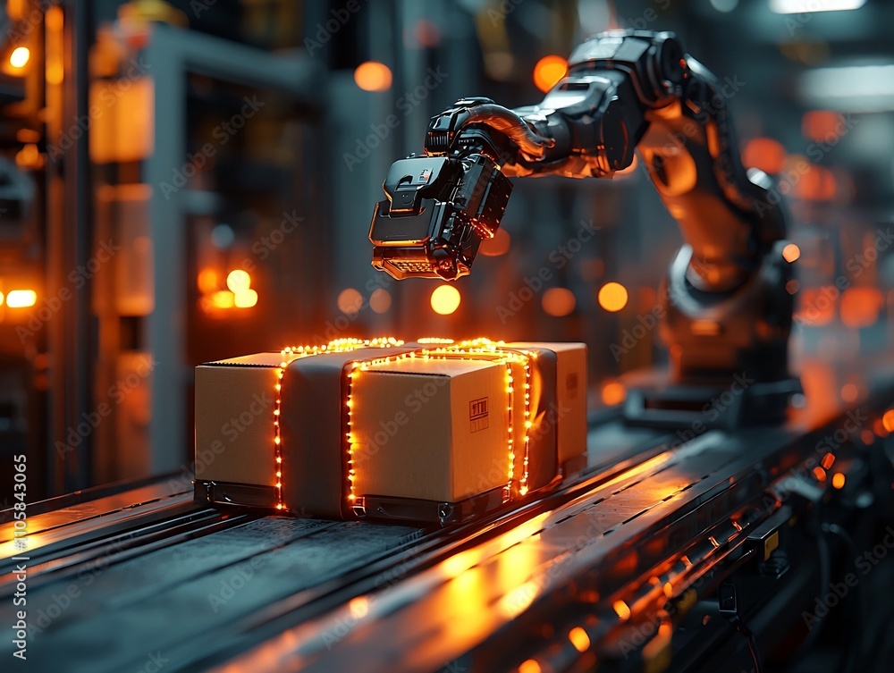 Poster robotic arm placing parcel box on conveyor belt in automated warehouse symbolizing efficient modern 