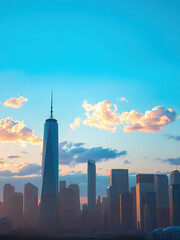 Fototapeta premium Cityscape at dusk with skyscrapers silhouetted against a vibrant blue sky and fluffy white clouds, sunset cityscape, skyscraper silhouette, tall buildings